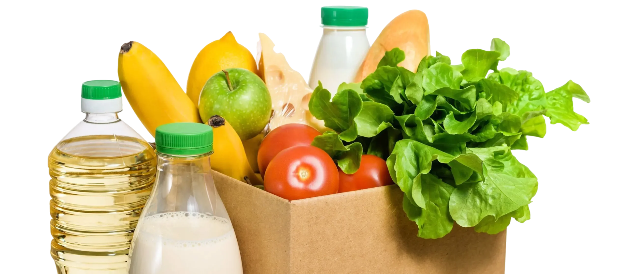 Fresh provisions in a paper bag: produce, dairy, bread and cooking oil